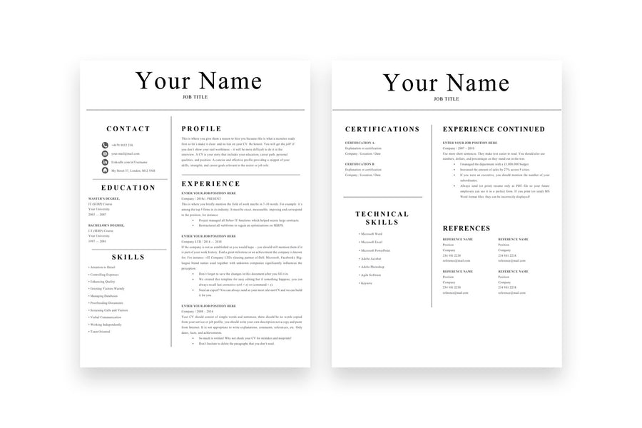 Simple Resume, 2 Page CV Template for Job Applications