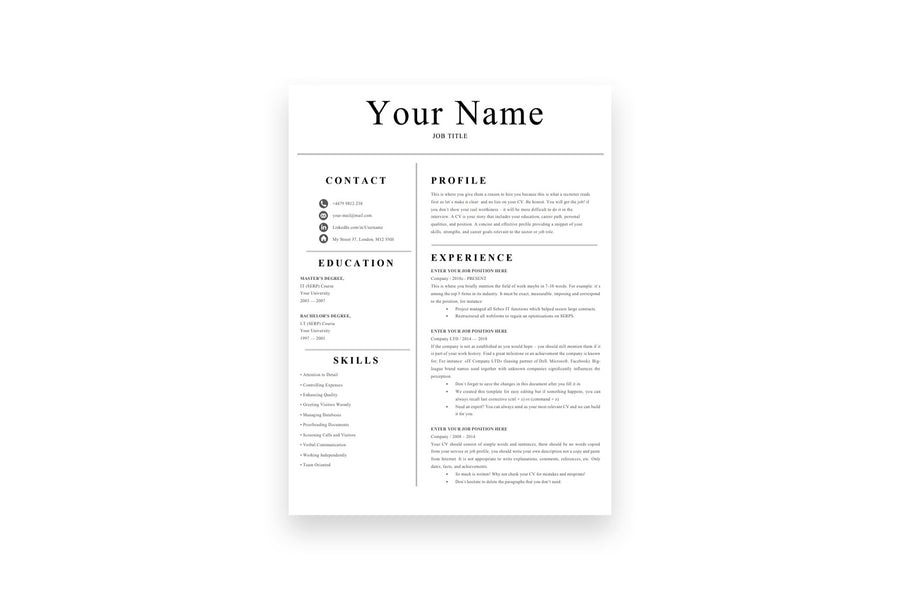 Simple Resume, 1 Page CV Template for Job Applications