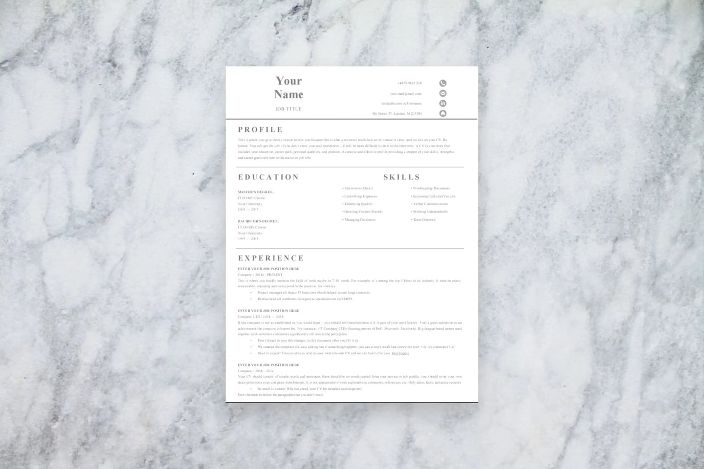 Basic 1 Page CV Resume Template - Grammarholic