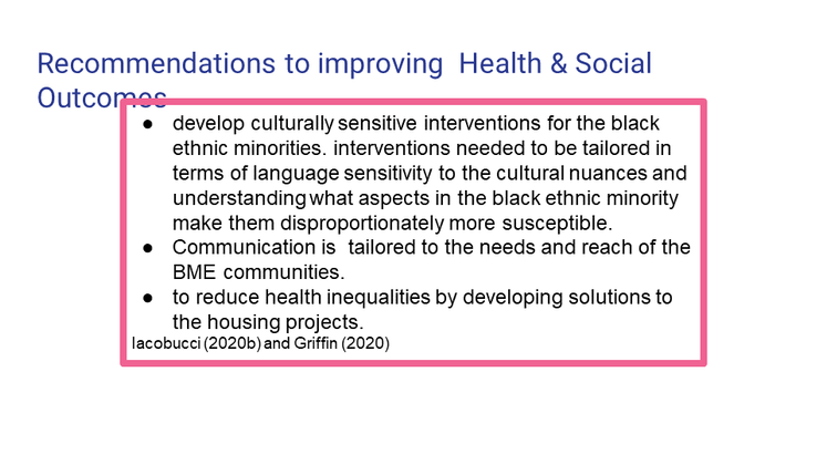 Recommendations to improving  Health & Social Outcomes