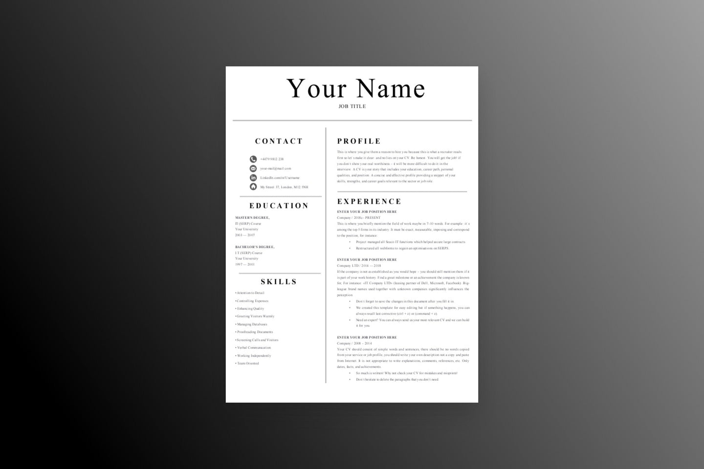 Professional 1 Page CV Resume Template - Grammarholic